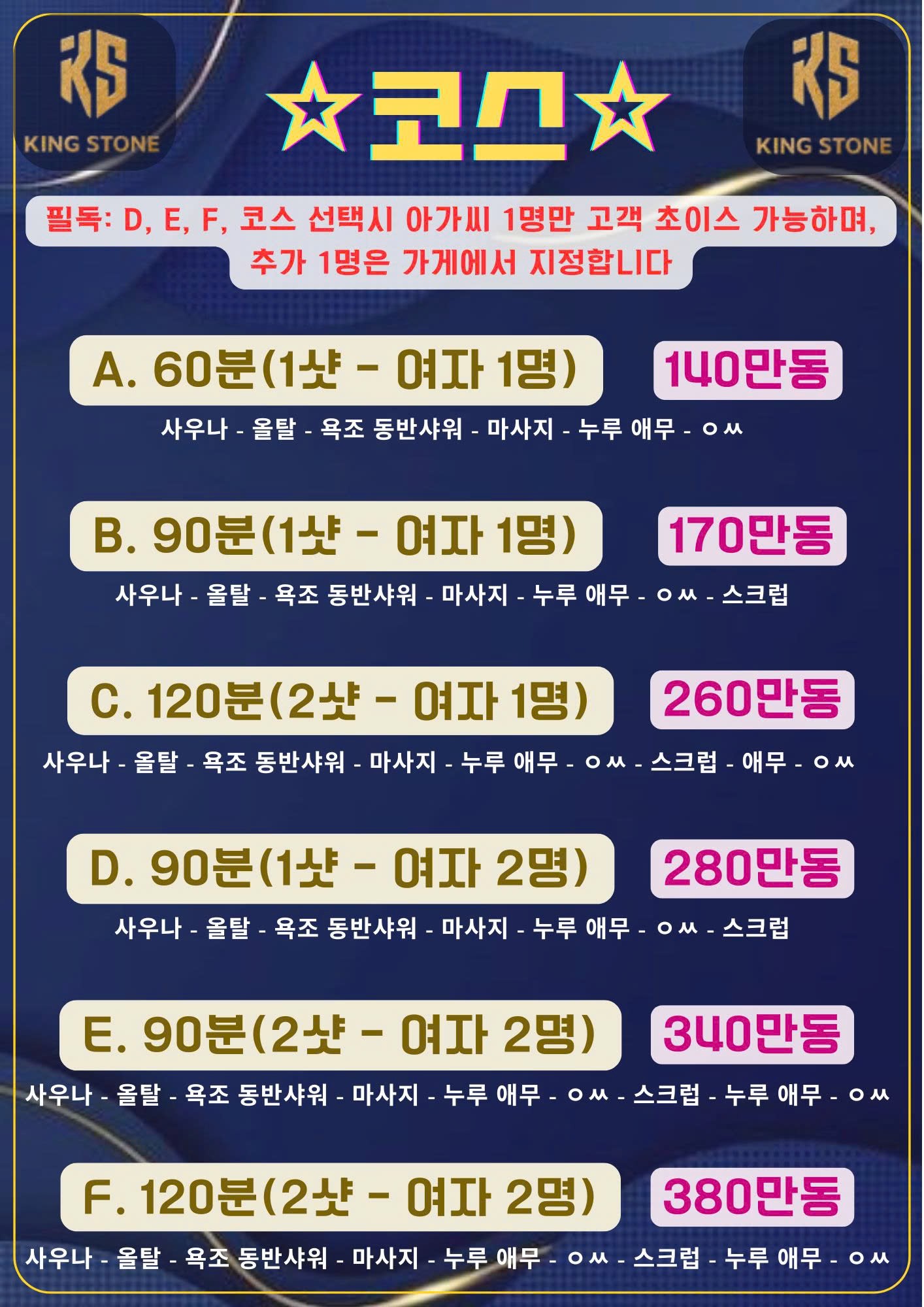 A부터 F까지 여섯 코스의 시간과 인원, 금액이 적힌 안내표