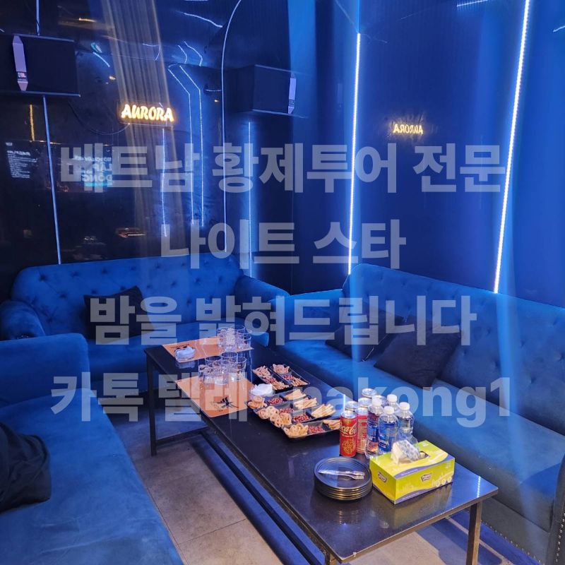 오로라 가라오케 조명이 낮게 깔린 룸 전경