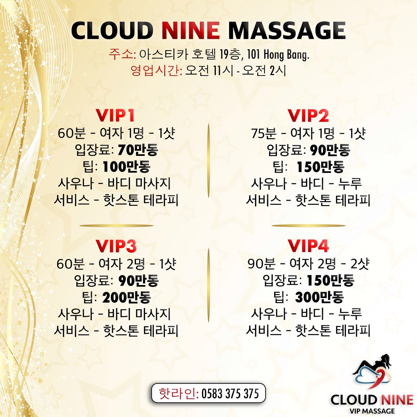 VIP 네 단계의 시간과 입장료, 팁을 적은 금색 안내판