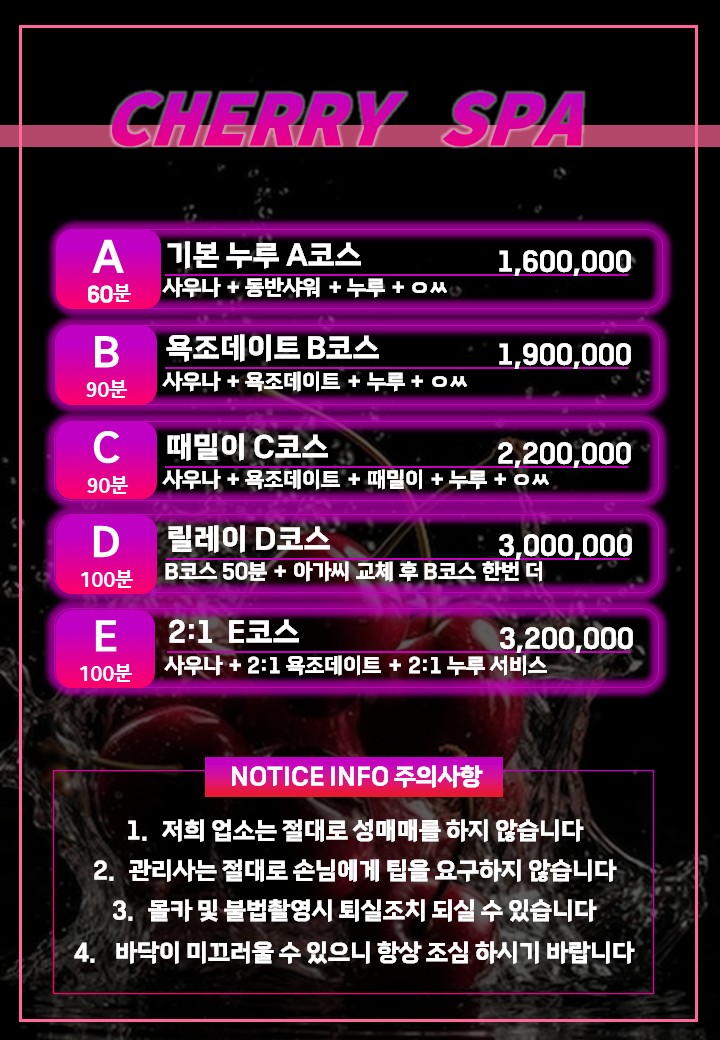 A부터 E까지 코스 단계와 주의사항을 적은 분홍색 안내판