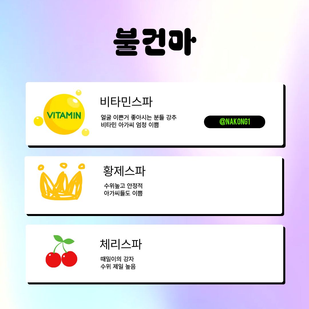 비타민·황제·체리 스파를 아이콘과 한 줄 설명으로 묶은 카드 이미지