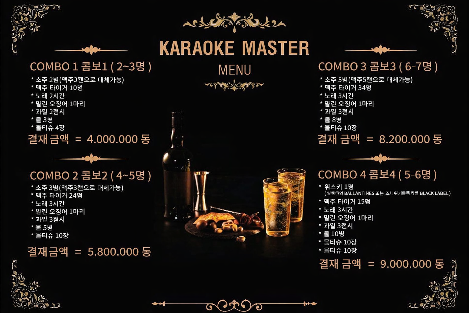 마스터 콤보 1번부터 4번까지 구성 항목과 결제 금액을 적은 메뉴판